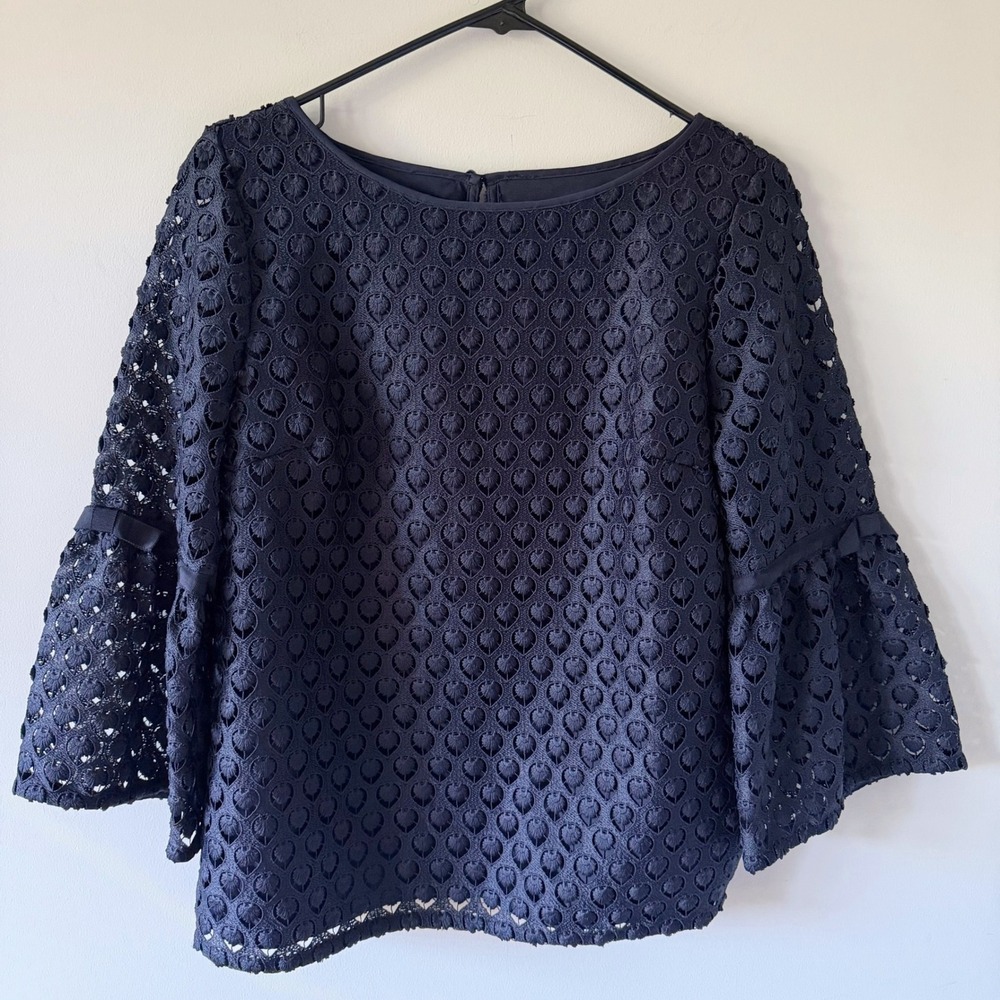 RSVP by Talbots Navy Blue Lace Bell Sleeve Bow Blouse SP Petite Cocktail Party